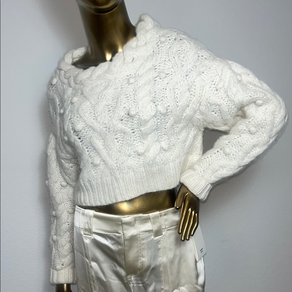 LoveShackFancy Off-Shoulder White Knitted Crop Sweater